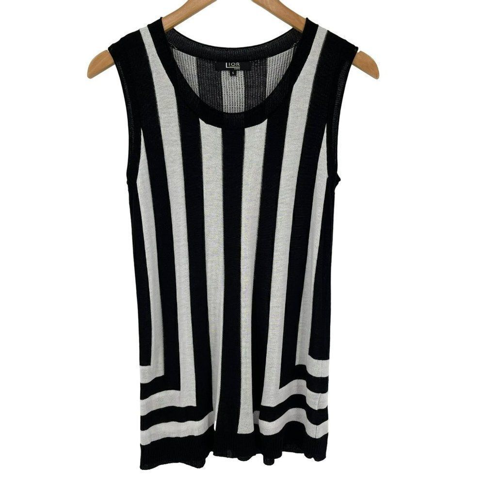 Lior‎ Paris Stripe Knit Sleeveless Sweater Scoop Neck Black White Women Small